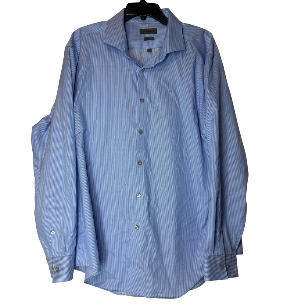 Calvin Klein Mens Slim Fit Non Iron Dress Shirt Blue Stripe Size 18 34-35 Office